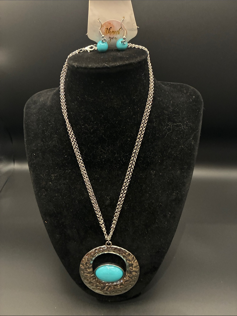 Silver-Tone Turquoise Oval Pendant Necklace with Matching Earrings